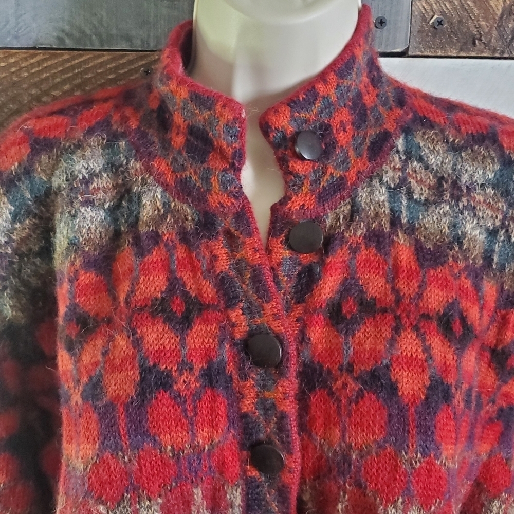 Intiwara Alpaca Burgandy Red Tan Handmade Cardigan Sweater Womens XL - Picture 3 of 12
